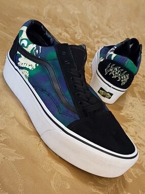 VANS Platform Black & Green Old Skool Skate Women's 9.5 Men's 8.0